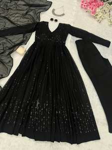 Robe de soirée brodée en georgette noire Anarkali avec Dupatta, robe longue de créateur pour femme, robe ethnique indienne pour mariage - Product Image 2