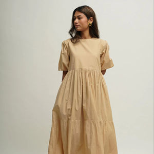 New Arrival Beige Cotton Maxi <b>Dress</b> Comfortable Woven Tiered Layered Tunic with Pockets and Long Sleeves - Product Image 1