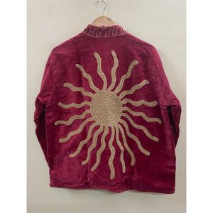 Chaqueta de Algodón y Terciopelo Bordada a Mano para Mujer, Cuello Mandarín, Manga Larga, Otoño Invierno, Estilo Bohemio, Patrón de Ojos, Frente Abierto - Product Image 3