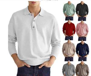 Polo décontracté à manches longues et à col en V pour hommes, T-shirt uni imprimé en tissu tricoté respirant de grande taille pour hommes - Product Image 1