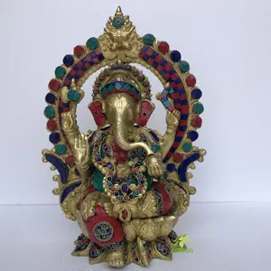 황동 Mangalkari 코끼리 연꽃 Bhagwan 아이돌 코끼리 동상 Ganpati Murti 홈 장식에 앉아-높이: 15 인치