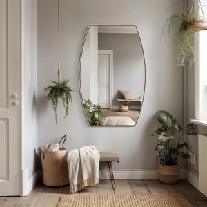 Contemporary Square Brass Metal <b>Frame</b> Art Deco Wedding Boho Home Decor Large <b>Gold</b> Accent <b>Mirror</b> Vertical Hanging Unique Tapered - Product Image 2