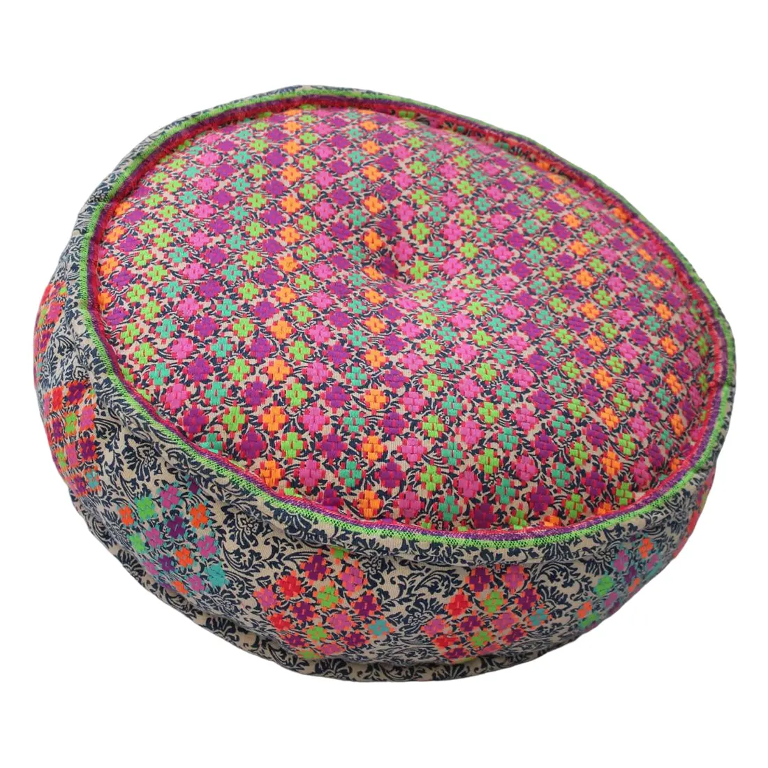 Stampa artigianale unica + ricamo Pouf rotondo indiano multicolore a prezzo all'ingrosso Puff multiuso per la decorazione domestica divano auto