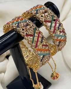 Bracelets de mariage longs pour mariée, plaqués or antique, en acier inoxydable, avec pierres en zircon, pour les événements festifs, style unique, designs tendance, coupe - Product Image 4