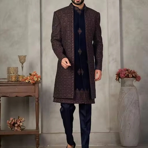 2024 azul marino elegante estilizado novio encogimientos de hombros adornado seda Kurta pantalón Zari bordado cuentas de cristal Dabka trabajo para Tallas grandes - Product Image 1