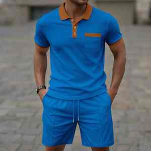 2025 <b>summer</b> new <b>men</b> waffle pocket color matching POLO <b>shirt</b> short sleeve <b>shirt</b> Cotton T-<b>shirt</b> shorts breathable two piece sets - Product Image 5