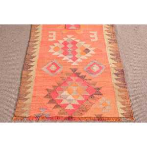 Vintage Kilim <b>Runner</b> <b>Rug</b> 2.8x8.7 ft (84x265 cm), Turkish Orange Animal Print Wool <b>Rug</b> - Product Image 5