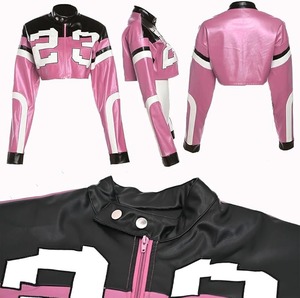 Chaqueta corta 23 De cuero genuino transpirable estampada de alta calidad para mujer, prendas de vestir exteriores cortas ajustadas en blanco rosa a un costo razonable - Product Image 5