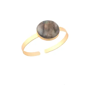 Exclusive jewelry natural flashy labradorite collet setting open band bracelets brass satin brushed finish round shape bangles