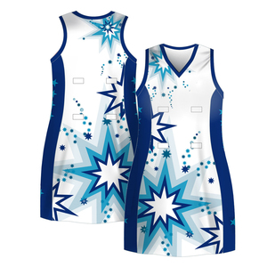 Service OEM de conception gratuite Robe de basket-ball pour femmes Robe personnalisée unique d'uniformes de netball imprimée en blanc bleu multicolore - Product Image 5