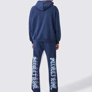 Conjunto de Sudadera con Capucha Azul Marino para Hombre, Corte Holgado, Forro Polar, Estampado de Letras, Chándal Informal con Bolsillo, Ropa de Otoño - Product Image 3