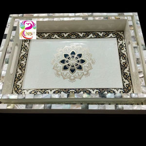 Diseño de Meena de madera Bandeja de café de acento de madera Bandeja de servicio elegante con trabajo de nácar estampado de lámina dorada - Product Image 1