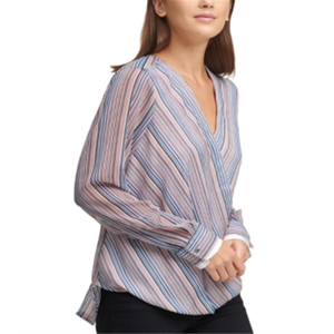 Camicetta in chiffon a righe vestibilità ampia da donna DKNY, colore avorio, blu navy, stile vintage, effetto avvolgente, taglie XL L, per primavera autunno - Product Image 1