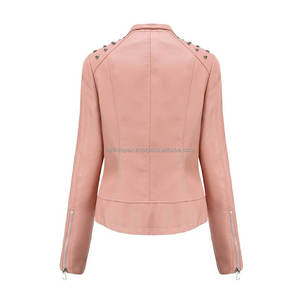 <b>Pink</b> Leather Women's <b>Jackets</b> Slim Fit Moto Style Studded Shoulders Asymmetrical Zip Biker Outerwear with Zipper Pockets - Product Image 2