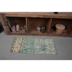 Alfombra de lana turca Vintage de 1,5x3,3 pies, verde, Beige, hecha a mano, gran área, rectángulo, Patchwork, respaldo de látex para decoración de habitación de pasillo - Product Image 4