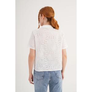 Blusa de Manga Corta con Cordones y Borlas de Guipur para Mujer, Marca Lustrin, Blusa Informal de Mezcla de Poliéster y Algodón Blanca para Verano - Product Image 5