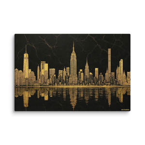 Toile rectangulaire XL Golden Skyline noire et or, paysage urbain, design Art déco contemporain pour salon, encadrée avec cadre en métal - Product Image 3