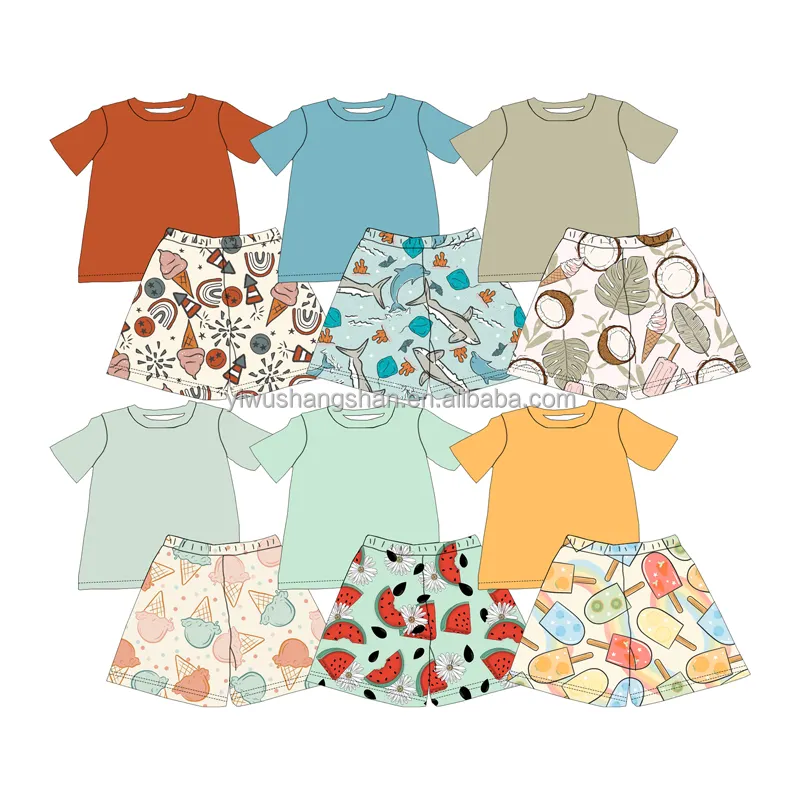 अनुकूलित ओईएम समर स्टाइल किड्स बेबी कॉटन फैब्रिक शॉर्ट स्लीव शर्ट्स कपड़े सेट कार्टून पैटर्न प्रिंट शॉर्ट्स आउटफिट