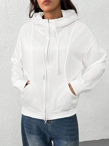 Sudadera con Capucha Blanca de Cuello Alto con Cierre para Mujer, Cuello de Embudo, Hombros Caídos, Puños Acanalados, Felpa de Algodón, Ropa Casual Urbana, Suministro al por Mayor - Product Image 3
