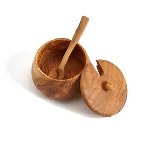 Salero pequeño de madera de acacia Salero de madera con mini cuchara Contenedor de pimienta con tapa con producto de venta - Product Image 2