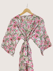 Bata con estampado floral para mujer, cuello en V, manga tres cuartos, largo hasta la rodilla, 100% algodón, suave, informal, para primavera, con cierre de cordón - Product Image 4