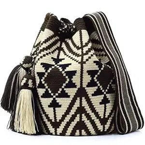 Bolsa de crochê artesanal preto e branco, adorável, listrada com grande capacidade dentro para ocasiões diárias ou especiais