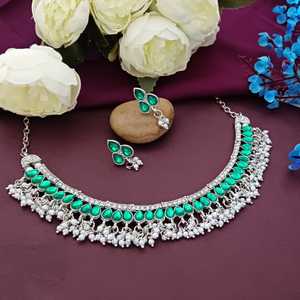 Indian Manufacturer Oxidized Jewelry Boho Vintage Antique CZ Crystal Choker <b>Necklace</b> Faux <b>Pearl</b> <b>Drop</b> Earrings Set for Women - Product Image 2