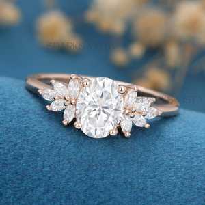 แหวนหมั้นเพชรมอยซาไนต์ทรงรีสไตล์วินเทจ10K/14K/18K ทองไม่ซ้ำใครออกแบบกลุ่มดอกไม้เครื่องประดับงานแต่งงานและครบรอบ - Product Image 5