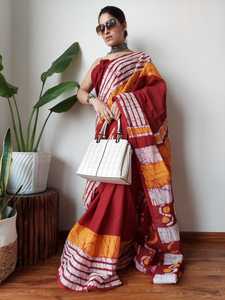 In Rood & Oranje Kleur Rand Met Streepprint Handblok Bagru Bedrukt Zacht Malmal Katoen Sari Met Blouse Ideaal Voor Wederverkoop - Product Image 2