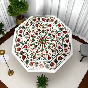 Plateaux de table octogonaux en marbre blanc incrustés de pierres semi-précieuses de cornaline, pierre dure, art, mobilier de patio de luxe, design personnalisé - Product Image 2