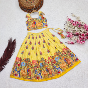 สินค้ามาใหม่ Shoryam Fashion ชุดเดรสเด็กผู้หญิงแบบเย็บสำเร็จพิมพ์ลายดิจิทัลสีเหลือง ชุดเลเฮนกาโชลียาวกรอมพื้น สำหรับงานปาร์ตี้และงานพิธีแบบดั้งเดิม - Product Image 1