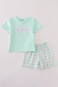 Ensemble short smocké brodé étoile de mer verte tenue d'été confortable pour garçons avec haut à motif solide mignon - Product Image 3