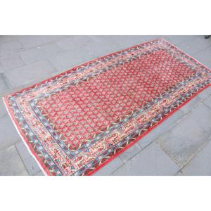 3.5x7.5 ft Turkish Vintage Moroccan <b>Wool</b> Rug <b>Red</b> Blue Patchwork Design Eco-Friendly Latex Backing - Product Image 3