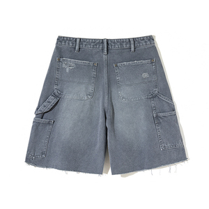 Shorts cargo en jean baggy pour homme, gris anthracite, double épaisseur aux genoux, coupe charpentier, délavage prononcé, ourlet effiloché, coupe décontractée, jorts usés - Product Image 4