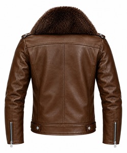 Blouson de motard en cuir noir pour homme, col en fausse fourrure, coupe ajustée, veste de moto d'hiver, fermeture éclair, manches amovibles - Product Image 6