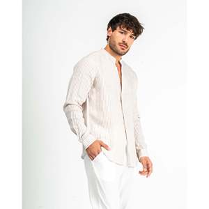 Camicia Estiva Casual da Uomo Beis Solid Imperio Apparel in Tessuto di Lino Lavato Traspirante con Colletto Mao - Product Image 1