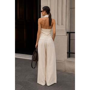 Ensemble deux pièces en lin avec détails Yaka Baglama - Blouse et pantalon - Marron - Marron - Product Image 6