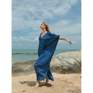 Women's Blue Tie Dye Eco-Friendly Maxi <b>Dress</b> V-Neck <b>Long</b> Sleeve Boho Beach Resort Wear Natural Waist - Product Image 2