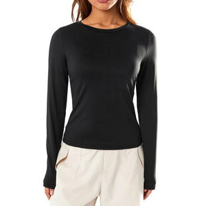 Camiseta de manga larga para mujer, algodón transpirable, cuello redondo, Color sólido, camisas superventas para mujer - Product Image 1
