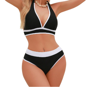 Women's Casual Black <b>White</b> Two Piece Knee Short Halter Neck Solid Color High Waist Briefs <b>Bikini</b> <b>Set</b> Breathable Summer Beach - Product Image 5