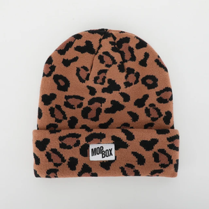 High Quality Acrylic Leopard Print Pattern Winter <b>Slouchy</b> <b>Beanies</b> Custom Woven Logo Label Travel <b>Hat</b> for Men and Women - Product Image 6