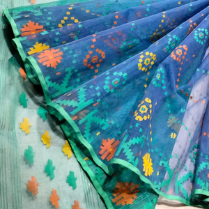 Exclusif Deshi Dhakai Jamdani Sharee Qualité d'exportation pour les femmes JAMDANI FABRIC Bleu ROUGE VERT Doré Bleu Ciel du Bangladesh - Product Image 1