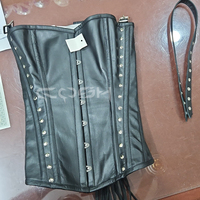 Korset hitam asli, gaya Gotik, ukuran besar, kulit sapi asli, korset baja, dekorasi lubang renda buatan tangan, berventilasi