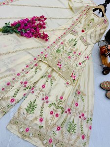 Designer Wear Pure Chinon Silk Heavy Sequence Broderie Work Top et Sharara avec Dupatta Wedding & Party Wear Sharara Set - Product Image 5