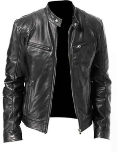 Men's Brown PU <b>Leather</b> Moto <b>Jacket</b> Slim Fit Zipper Closure Stand Collar Regular Sleeve Autumn Style - Product Image 4