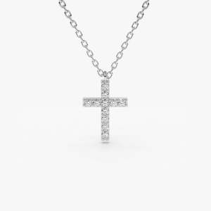 Collar con cruz de diamantes micro pavé cultivados en laboratorio, 0.11 quilates totales, color G, claridad SI, oro de 14K, inspirado en la fe, para usar en capas. - Product Image 1