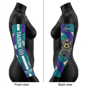 Manguitos de fútbol para mujer, de poliéster y elastano premium GSM, tela elástica transpirable, diseño de paneles gris y verde, logotipo personalizado por sublimación - Product Image 4