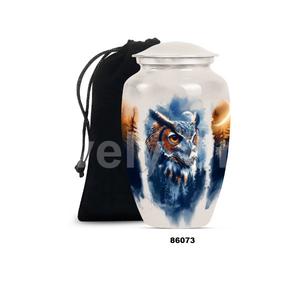 Urne commémorative de crémation de thème de hibou en aluminium blanc Offre Spéciale pour des cendres humaines adultes avec le couvercle et le sac libre de velours - Product Image 1
