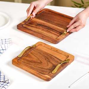 Plateau de service rustique minimaliste en bois d'acacia et aluminium avec poignées dorées, lot de 2, décoration d'intérieur, décoration de fête de Noël - Product Image 5