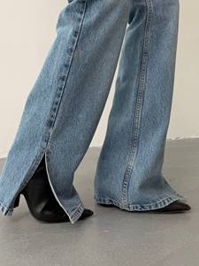 Vaqueros acampanados de mezclilla lavado claro para mujer, cintura media, corte regular, con cinturón y abertura frontal, estilo High Street - Product Image 6